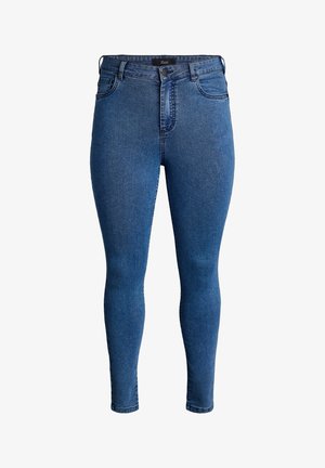 Blå denim skinny jeans med høj talje, der har bæltestropper, en frontknaplukning og en glat, let struktureret overflade.