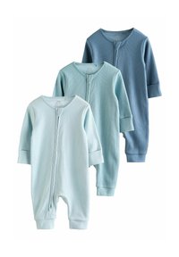Drei gerippte Baby-Bodysuits in hellblau, sanftem Blau und dunkelblau, mit Reißverschluss vorne und langen Ärmeln mit Bündchen.
