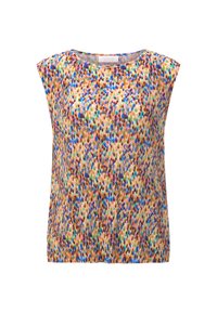 Sleeveless top with a round neckline in pleated fabric, featuring a multicolored abstract pattern in blue, pink, green, and brown tones.