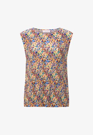 Sleeveless top with a round neckline in pleated fabric, featuring a multicolored abstract pattern in blue, pink, green, and brown tones.