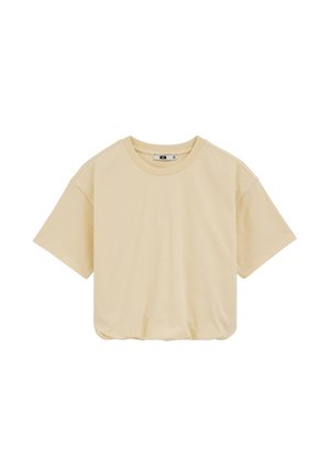 T-shirt court beige à manches courtes avec un col rond et un ourlet légèrement froncé.