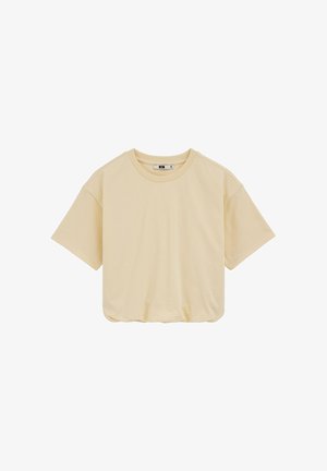 Beige cropped T-shirt met korte mouwen, een ronde hals en een licht geplooide zoom.