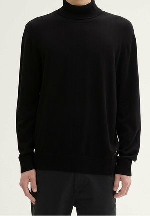 Schwarzer Rollkragenpullover mit langen Ärmeln, geripptem Kragen und Saum, aus weichem Material. Minimalistisches Design, keine sichtbaren Muster oder Akzente.