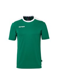 T-shirt de sport vert en matériau léger, avec des accents blancs sur les épaules et un col rond. Logo de la marque affiché.