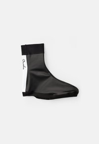 Cubrezapatos de ciclismo negros con un acabado brillante, que presentan una parte inferior completamente negra, un puño suave negro y un acento lateral en blanco contrastante.