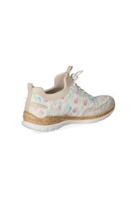Lightweight sneaker with a multicolored dot pattern, white sole, tan accents, and a textured cork-like midsole. Features elastic laces.