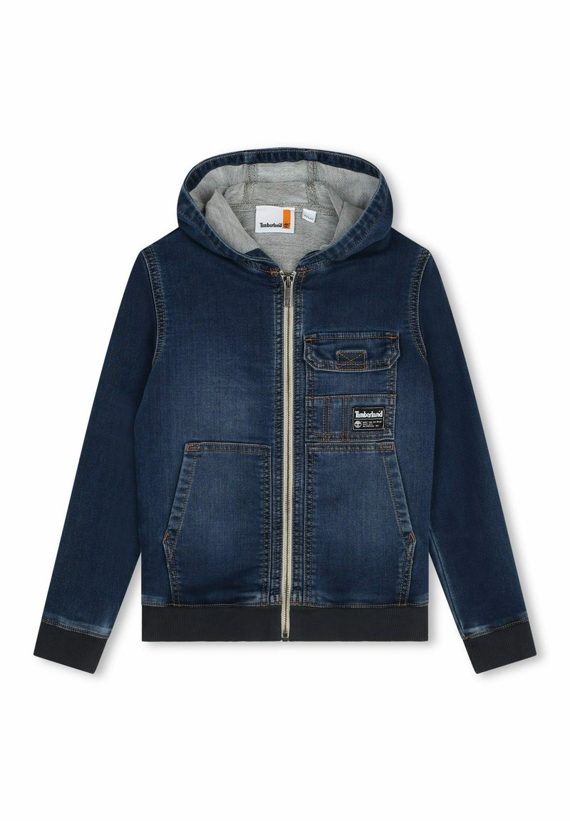 Dark blue denim zip-up hoodie with front pockets, grey inner lining, and Timberland logo patch on the chest pocket.