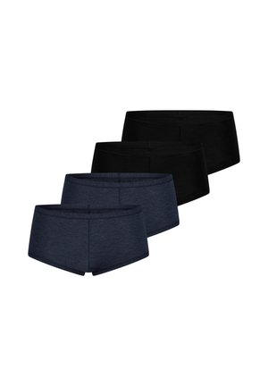 Vier paar naadloze boyshort-onderbroeken in zwart en donkerblauw, gerangschikt in twee rijen op een witte achtergrond.