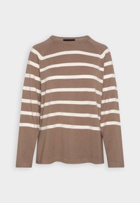 Hnědý svetr s bílými vodorovnými pruhy. Má kulatý výstřih a dlouhé rukávy. Měkká textura a volný střih.