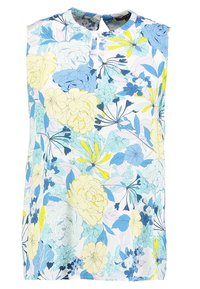 Blouse sans manches avec un motif floral bleu, jaune et blanc, décolleté rond et petite ouverture en forme de clé à l'avant.