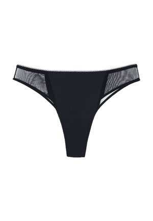 Perizoma nero con parte frontale liscia, pannelli laterali trasparenti e delicato bordo in pizzo lungo la cintura. Tessuto morbido ed elastico.