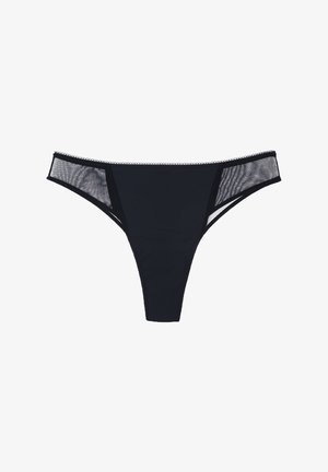 Perizoma nero con parte frontale liscia, pannelli laterali trasparenti e delicato bordo in pizzo lungo la cintura. Tessuto morbido ed elastico.