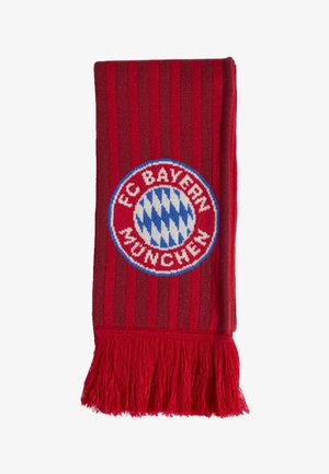 Rot und dunkelrot gestreifter Schal mit dem FC Bayern München-Logo in Blau, Weiß und Rot, mit Fransen am unteren Ende.