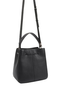 Zwarte leren handtas met een gestructureerde vorm, een bovenhandvat en een verstelbare schouderband. Gladde textuur met subtiele stikseldetails.