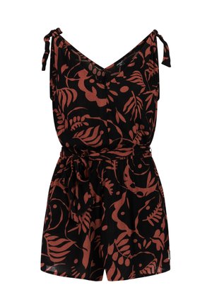 Mono corto negro con estampados rojos de flores y hojas, escote en V, tirantes ajustables y cinturilla con lazo a juego. Confeccionado en tela ligera.