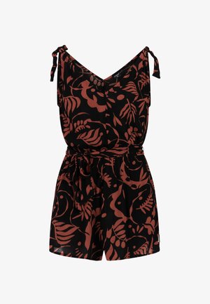 Zwarte romper met rode bloemen- en bladdessin, een V-hals, strikbandjes en een taille die je zelf kunt strikken. Gemaakt van lichtgewicht stof.