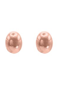 Orecchini a cerchio in oro rosa metallizzato con una forma liscia e rotonda. La superficie riflettente presenta una finitura lucida.