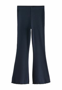 Marineblå ribbede flared leggings med en tætsiddende talje og volangdetaljer ved cuffsene, lavet af et blødt, strækbart stof.