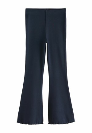 Marineblå ribbede flared leggings med en tætsiddende talje og volangdetaljer ved cuffsene, lavet af et blødt, strækbart stof.