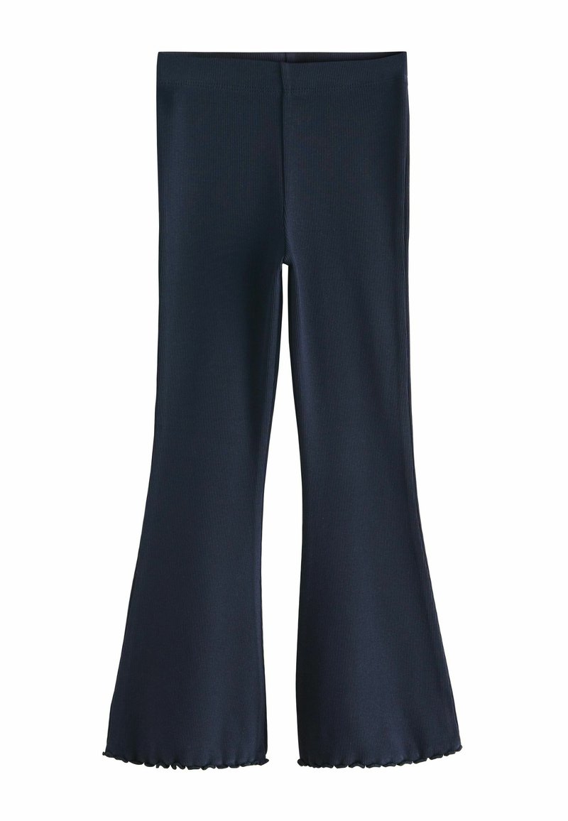 Marineblå ribbede flared leggings med en tætsiddende talje og volangdetaljer ved cuffsene, lavet af et blødt, strækbart stof.
