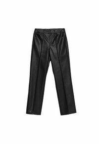 Zwarte neplederen broek met een recht model, geplooide voorkant en twee zijzakken. Gladde textuur en middelhoge tailleband.