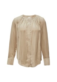 Beige satijnen blouse met lange mouwen, geplooide voorkant, ronde halslijn en met knopen sluitende manchetten. Gladde textuur met een draperende pasvorm.