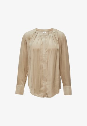 Beige Satinbluse mit langen Ärmeln, plissiertem Vorderteil, rundem Ausschnitt und geknöpften Bündchen. Glatte Textur mit fließender Passform.
