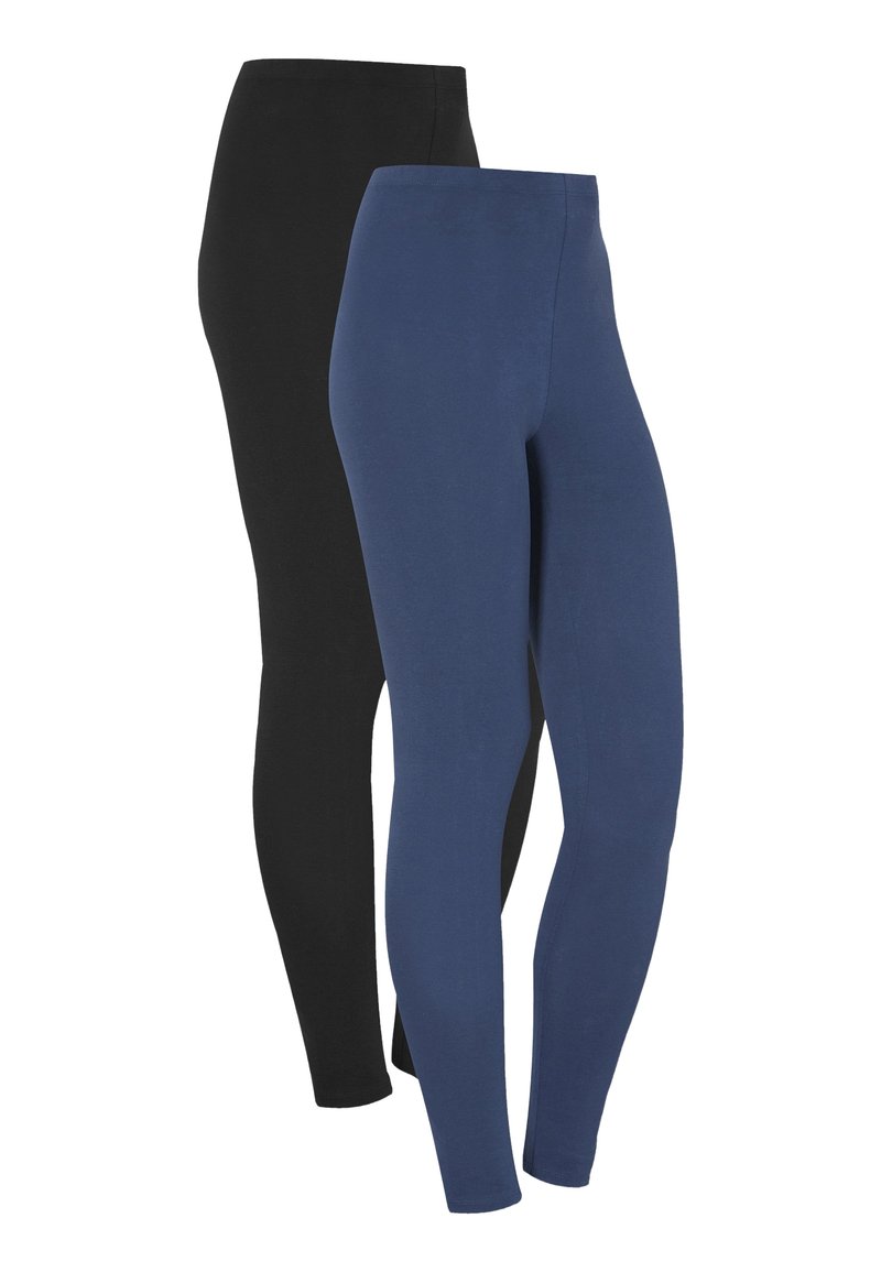 Två par leggings: ett svart och ett marinblått. Tillverkade av mjukt jersey-material, med en åtsittande design och ett elastiskt midjeband.