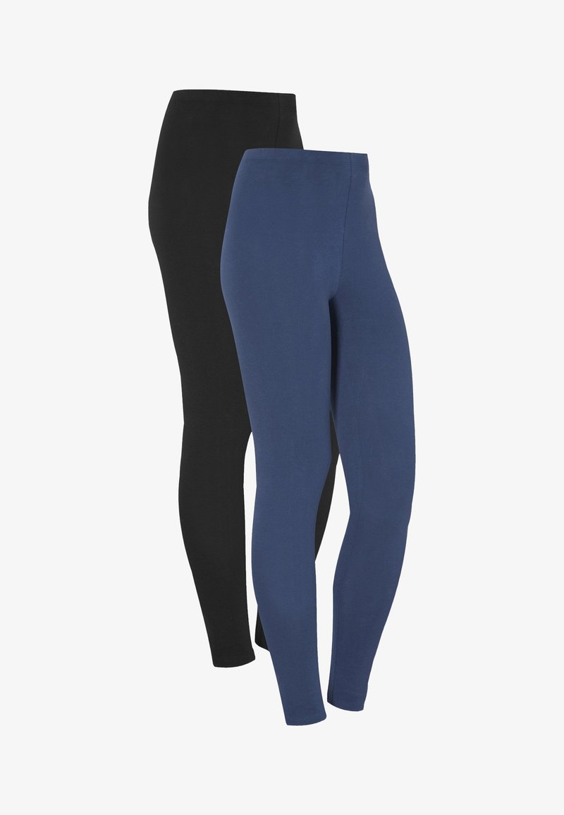 Två par leggings: ett svart och ett marinblått. Tillverkade av mjukt jersey-material, med en åtsittande design och ett elastiskt midjeband.