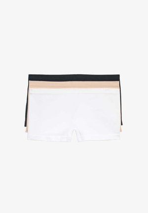 Stak af tre sømløse boyshort-underbukser i sort, beige og hvid, vist fladt på en hvid baggrund.