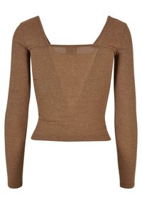 Braun geripptes Langarmoberteil mit quadratischem Ausschnitt und figurbetonter Silhouette. Weicher Textur, nahtloses Design und keine sichtbaren Verschlüsse.