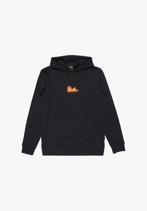 Zwarte hoodie met voorzak, oranje "Adventure Division" opdruk en zwarte trekkoorden met gele stiksels.