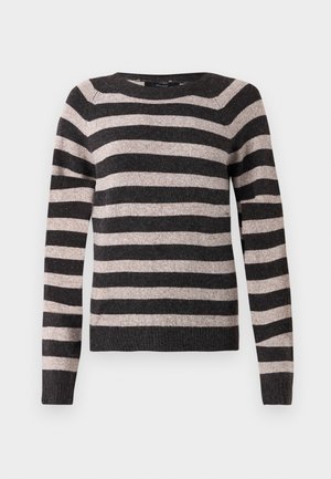 Sweter w czarno-beżowe paski, okrągły dekolt, długie rękawy, żebrowany dół, miękka tekstura, z równomiernie rozmieszczonymi poziomymi paskami.