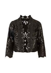 Zwarte cropped jack met ingewikkeld kantdetail, bloemmotieven en een hoge halslijn. Zachte textuur met opengewerkte ontwerpen.