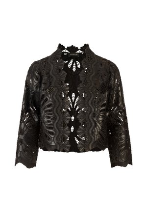 Zwarte cropped jack met ingewikkeld kantdetail, bloemmotieven en een hoge halslijn. Zachte textuur met opengewerkte ontwerpen.