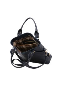 Borsa a spalla in pelle blu navy con due manici, foderatura interna a quadri, hardware dorato e scomparto con zip. Design aperto per un facile accesso.
