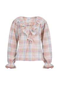 Blusa de cuadros en colores pastel con escote con volantes, mangas largas y muñecas ajustadas. Tejido ligero y texturizado con un detalle de cordones.