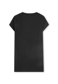 T-shirt noir à manches courtes avec col rond, fabriqué à partir d'un tissu lisse, avec un design simple et uni sans logos ni motifs visibles.