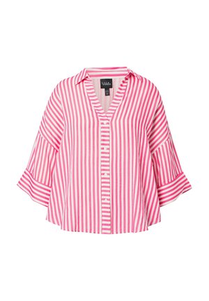 Pink-weiß vertikal gestreifte Bluse mit Knöpfen, breiten Dreiviertelärmeln und Kragen.