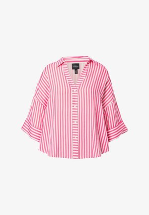 Różowa i biała, pionowo paskowana bluzka na guziki z szerokimi trzyipółwymi rękawami i kołnierzykiem.