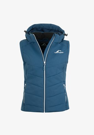 Blaues gepolstertes Westchen mit Kapuze, mit Reißverschluss vorne und zwei seitlichen Taschen. Verfügt über diagonal gesteppten Paneele und ein Logo auf der linken Brust.