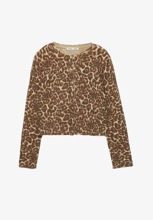 Lyhyt villatakki pehmeästä beigeistä kankaasta, jossa on leopardikuosiset kuvioinnit, pitkät hihat ja napit edessä.