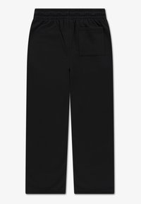 Juodi medvilniniai sportiniai džinsai su elastinga juostos juosta, tiesiais keliais ir vienu užpakaliniu kišeniu dešinėje pusėje. Lygus paviršius.