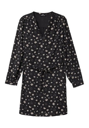 Robe noire à manches longues, décolleté en V, motif floral et cœur en crème, taille cintrée, tissu doux et détail d'épaules froncées.