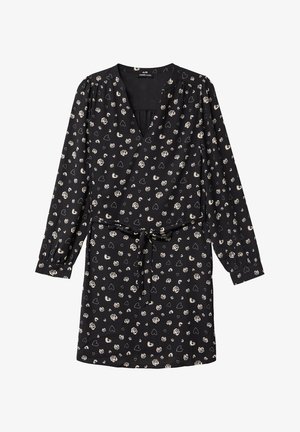 Robe noire à manches longues, décolleté en V, motif floral et cœur en crème, taille cintrée, tissu doux et détail d'épaules froncées.