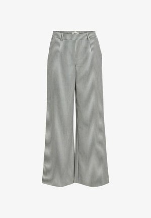 Pantalons larges rayés en gris clair et gris foncé, avec une taille haute, des plis subtils et une texture de tissu lisse.