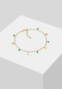 Bracciale in oro con accenti circolari opachi e lucidi, intervallati da piccole perle di turchese, dotato di chiusura a moschettone e catena regolabile.