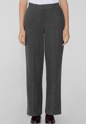 Grijze wolmix broek met een straight-leg ontwerp, voorzien van een voor sluiting met knoop en zichtbare stiksels.