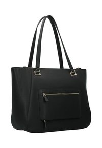 Borsa tote in finta pelle nera con due manici robusti, dotata di una tasca frontale con zip, design squadrato e texture liscia.