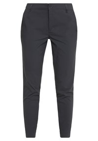 Černé slim-fit kalhoty s knoflíkovým a zipovým zapínáním, poutky na opasek a bočními kapsami, vystavené na jednolité bílé pozadí.